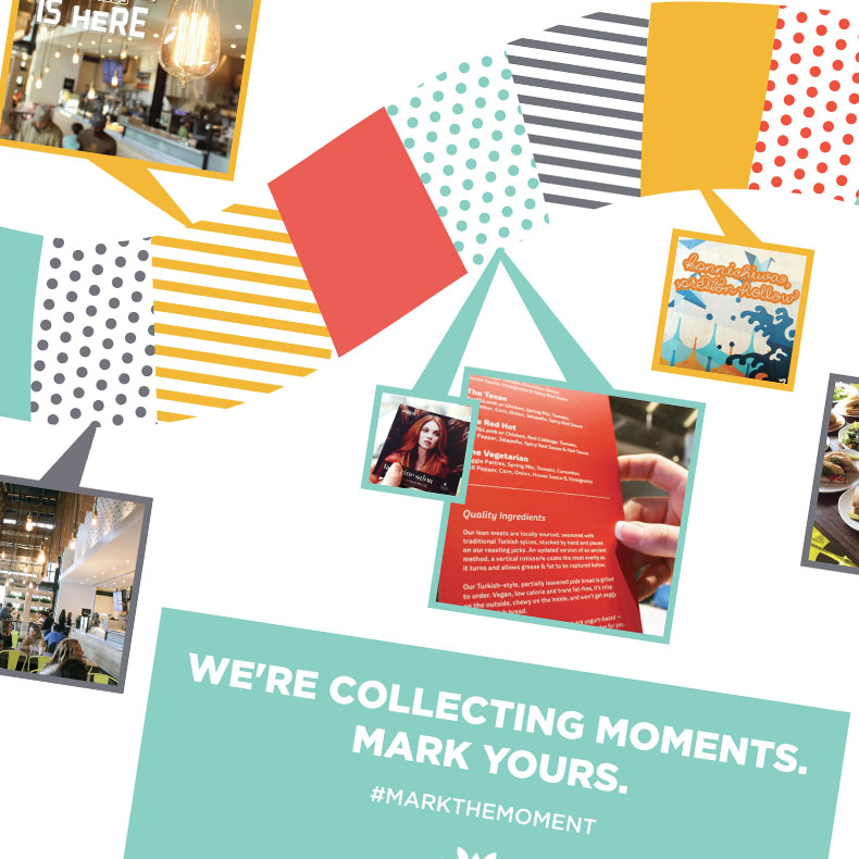 Colorful #MarkTheMoment poster reading We're collecting moments, mark yours, with resident photos and speech bubbles