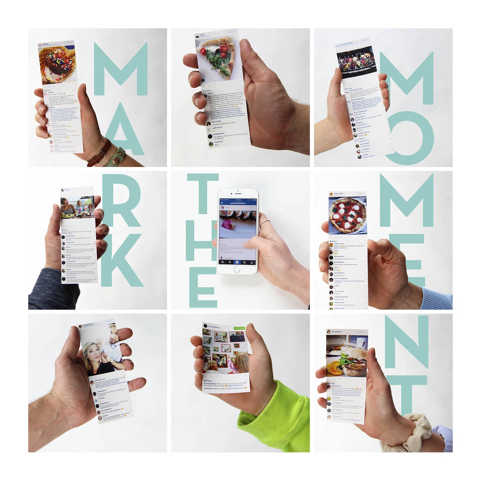 Hands holding phones and Instagram posts in a grid spelling out Mark the Moment in teal letters