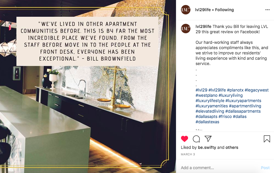 Instagram post from lvl29life featuring a resident review quote over a photo of a modern apartment kitchen