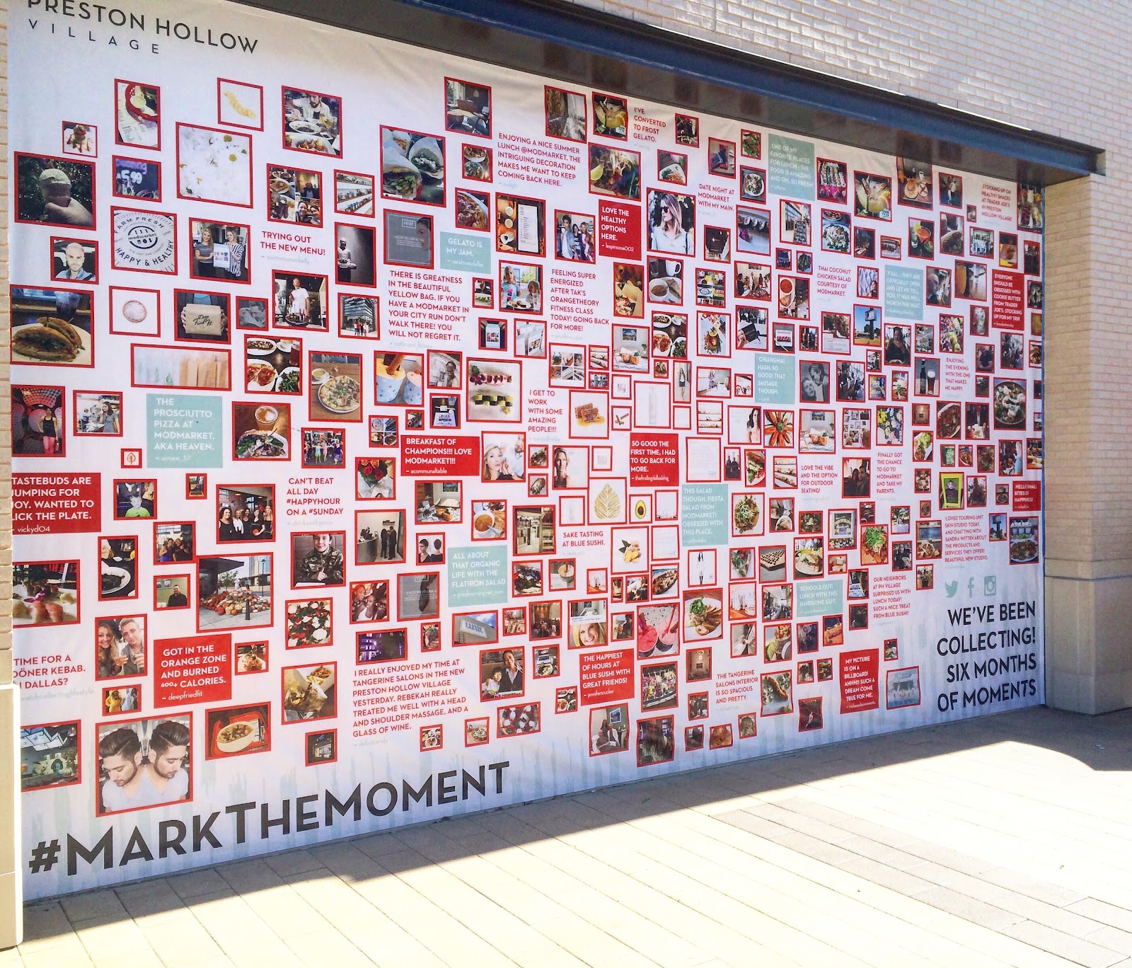 Large #MarkTheMoment wall mural at Preston Hollow Village covered in resident photos and comments