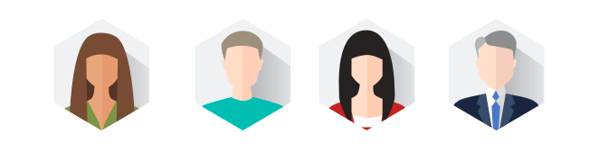 Four illustrated hexagon avatars representing different types of renters and website visitors