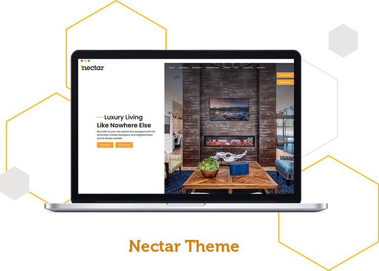 An example of a clean apartment web design with a screenshot of the Nectar web theme from Swifty's multifamily websites inside a computer screen.