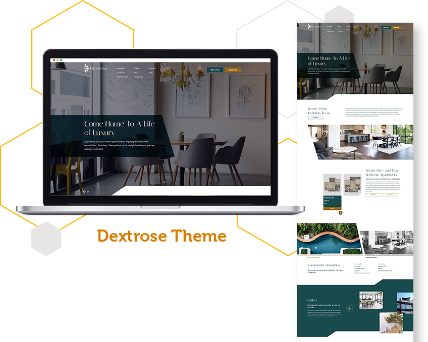 An example of a clean apartment web design with a screenshot of the Dextrose theme from Swifty's multifamily websites inside a computer screen.