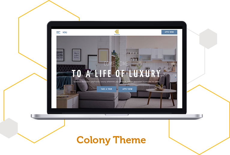An example of a clean apartment web design with a screenshot of the Colony theme from Swifty's multifamily websites inside a computer screen.
