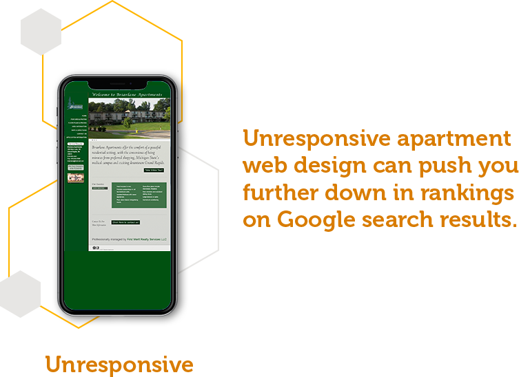 An example of what an unresponsive multifamily website looks like with text that reads, unresponsive apartment web design can put you further down in rankings on Google search results.