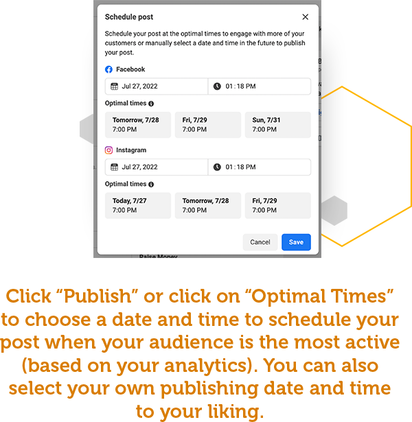 Click “Publish” to publish right now or click on “Optimal Times” to choose a date and time to schedule your post when your audience is the most active (based on your analytics). You can also select your own publishing date and time to your liking. Then, click “Schedule Post.” 