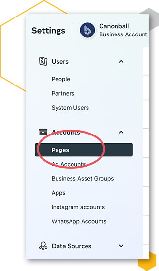 Inside Business Manager, go to “Settings,” then “Pages,” and click on “Add Pages.”