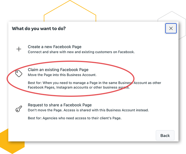 Select “Claim an existing Facebook page” and search for your created page. Your property should appear in the drop-down menu.