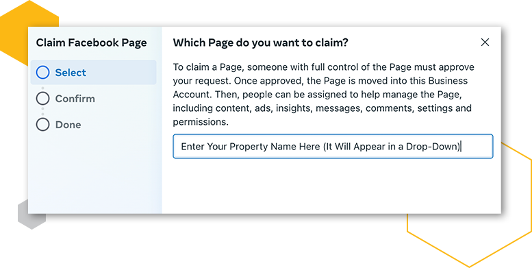 Select “Claim an existing Facebook page” and search for your created page. Your property should appear in the drop-down menu.