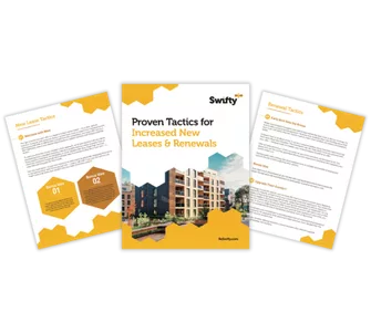 Cover of the Swifty guide Proven Tactics for Increased New Leases and Renewals, shown with sample pages