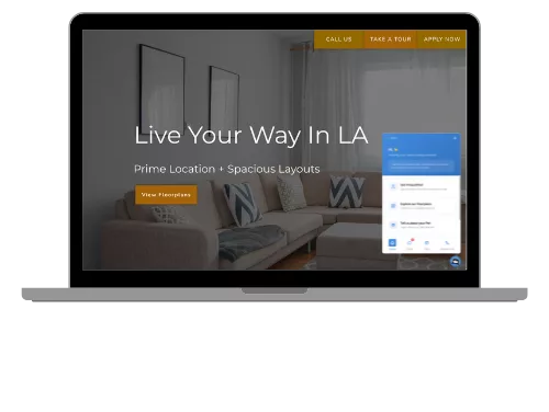 Laptop showing an apartment website with the Emily chatbot widget open