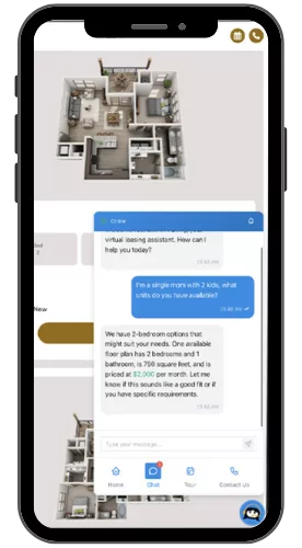 Phone showing the Emily chatbot answering a floor plan question over a 3D floor plan