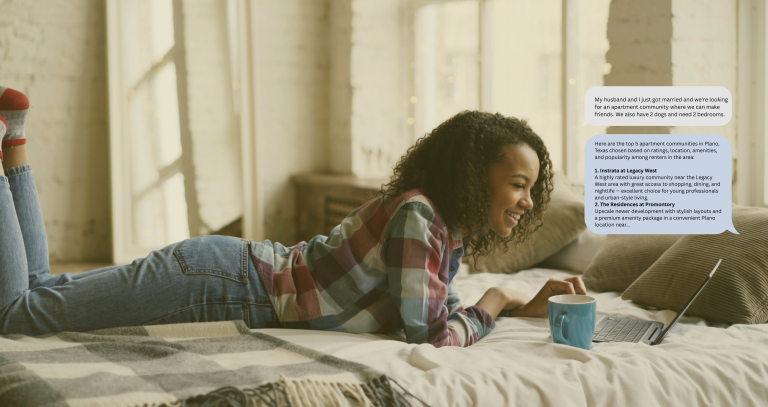 Woman relaxing on a bed with a laptop, using an AI chat assistant to search for apartments