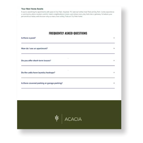 AI-optimized FAQ page example for an apartment community with common resident questions