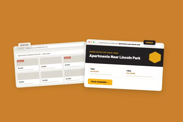 Two apartment landing page mockups on an amber background, representing local pages versus buying leads