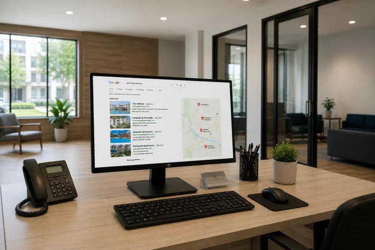 Leasing office desktop monitor showing Google map results for apartments