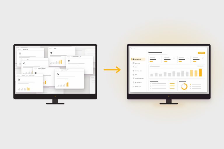 Many scattered dashboards on one monitor consolidating into a single Swifty dashboard on another