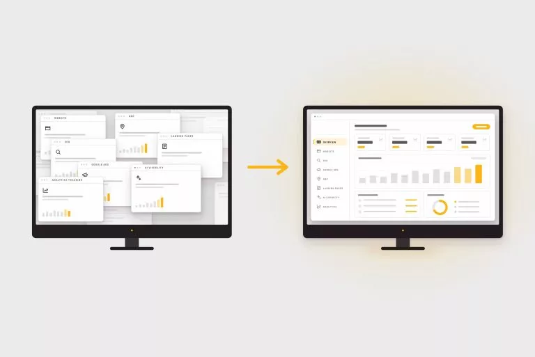 Many scattered dashboards on one monitor consolidating into a single Swifty dashboard on another