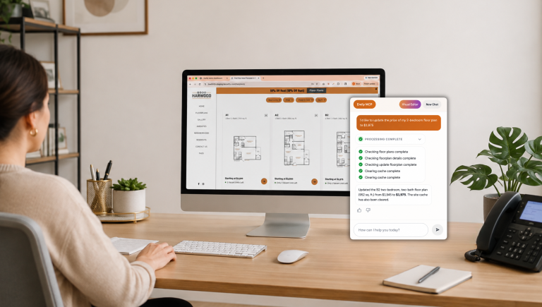 Woman at a desk using an AI assistant panel to update an apartment website floor plans page