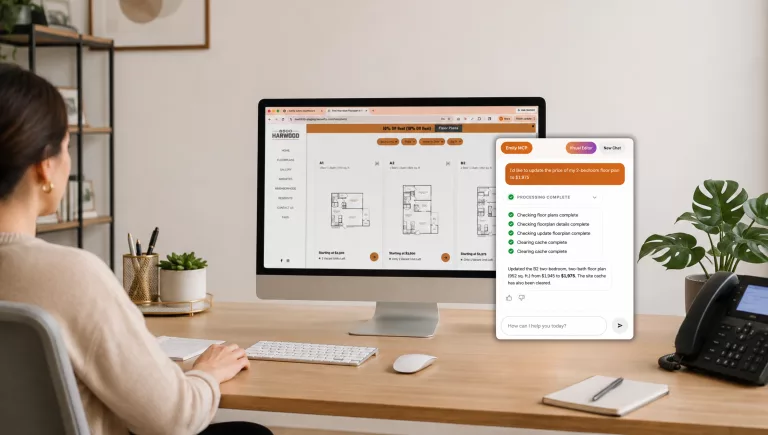 Woman at a desk using an AI assistant panel to update an apartment website floor plans page