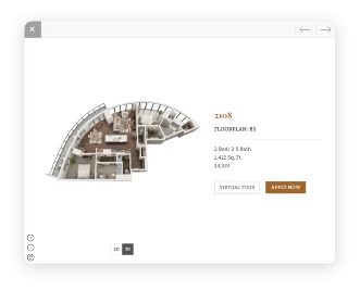 A 3D floorplan of one apartment in HiveSite with tour and apply buttons