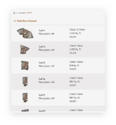 HiveSite list of matching apartments with bedrooms, square feet, and price