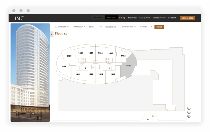 HiveSite siteplan view showing one floor of a building with each apartment marked
