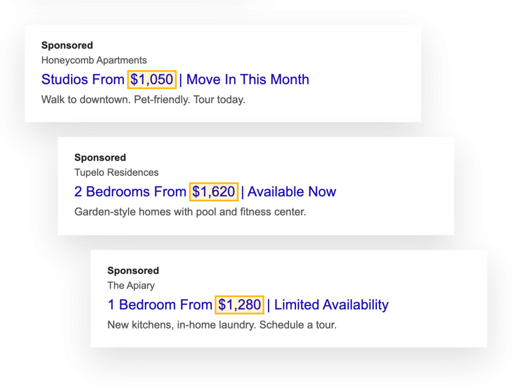 Google ads for three communities, each showing its own current price