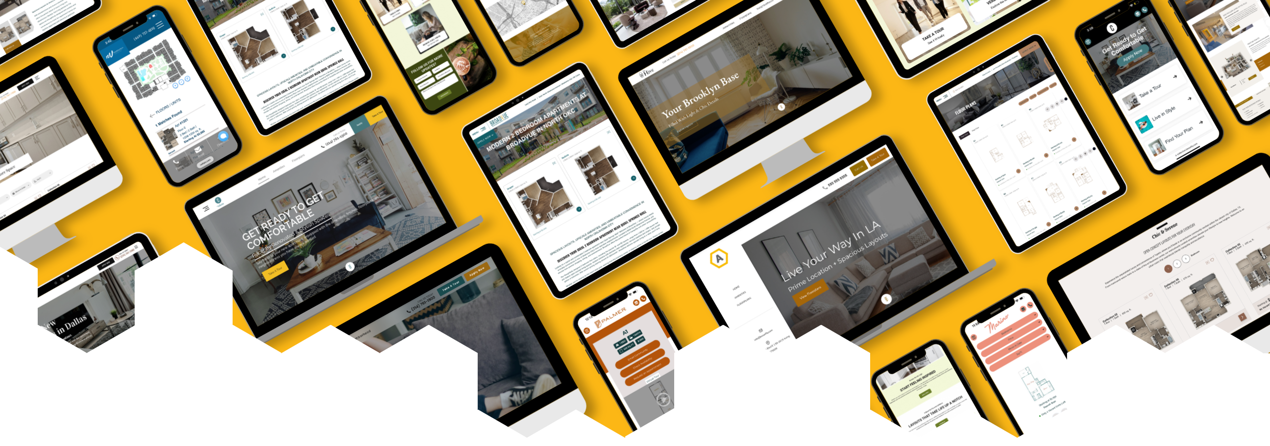 Collage of Swifty apartment website designs on phones, tablets and laptops